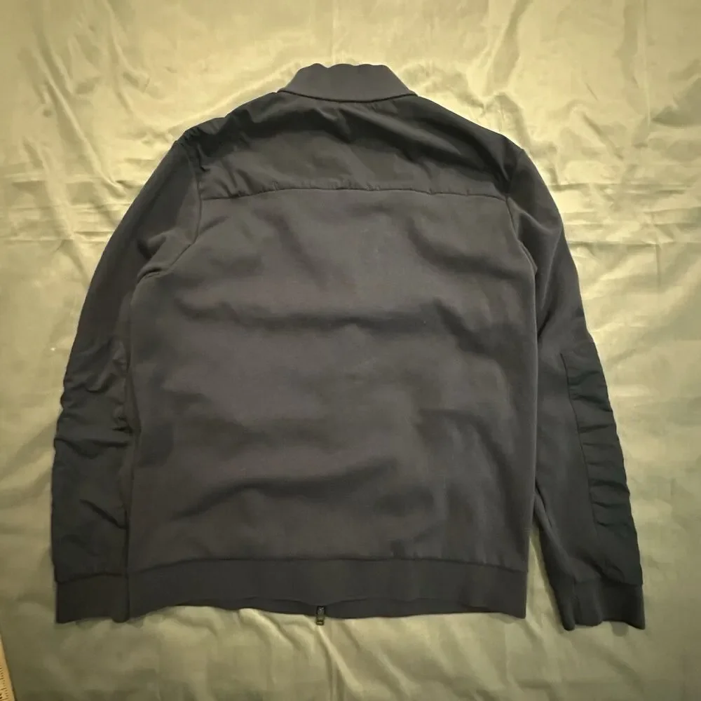 Hugo Boss Bomber Jacket Shepherd Mens L Navy Blue Padded Elbow 2 Tone Full Zip